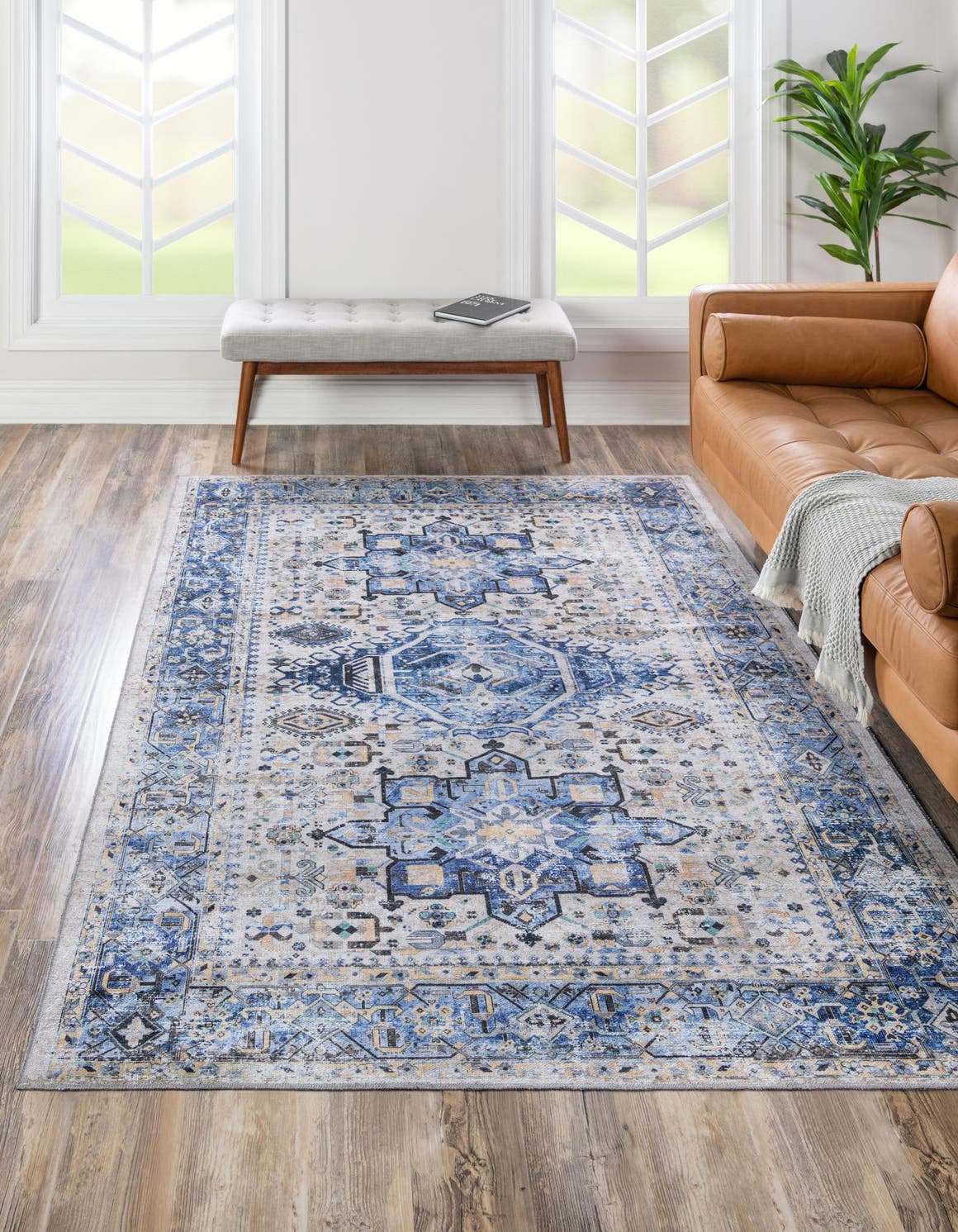 Washable Royal Blue 4' x 6' Yara Rectangle Area Rug Easy to Clean Stain Resistant & Durable Polyester & Chenille Carpet for Sale at Rug Engine