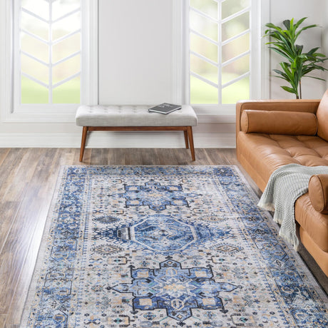 Washable Royal Blue 5' x 8' Yara Rectangle Area Rug Easy to Clean Stain Resistant & Durable Polyester & Chenille Carpet for Sale at Rug Engine