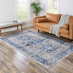 Washable Royal Blue 5' x 8' Yara Rectangle Area Rug Easy to Clean Stain Resistant & Durable Polyester & Chenille Carpet for Sale at Rug Engine