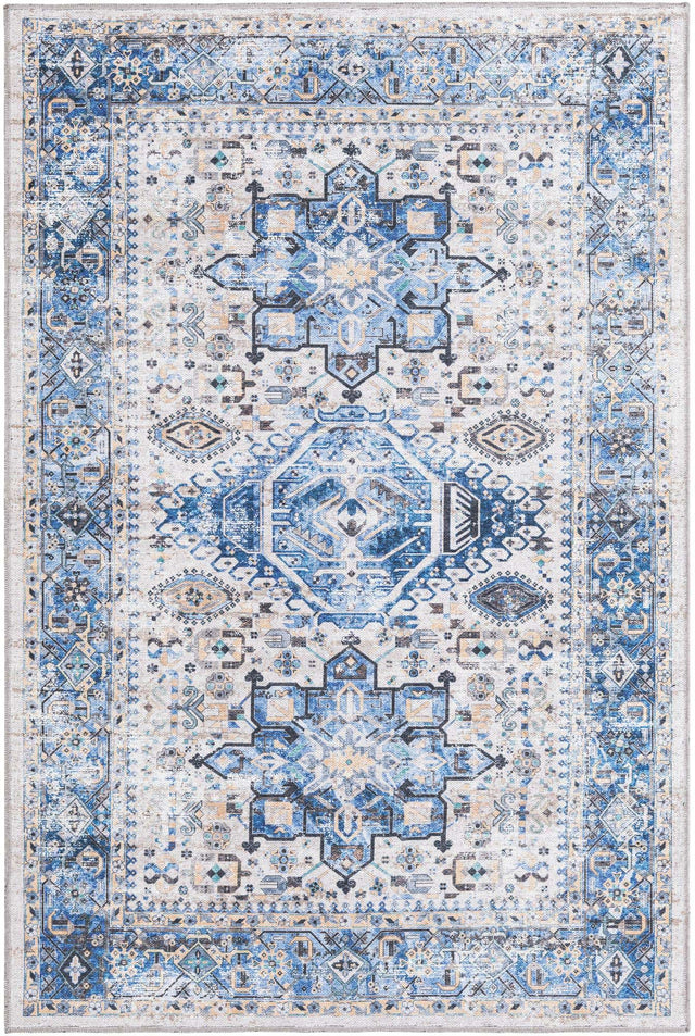 Washable Royal Blue 4' x 6' Yara Rectangle Area Rug Easy to Clean Stain Resistant & Durable Polyester & Chenille Carpet for Sale at Rug Engine