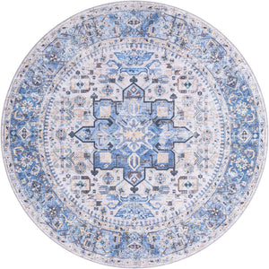 Washable Royal Blue 7' 10 x 7' 10 Yara Round Area Rug Easy to Clean Stain Resistant & Durable Polyester & Chenille Carpet for Sale at Rug Engine