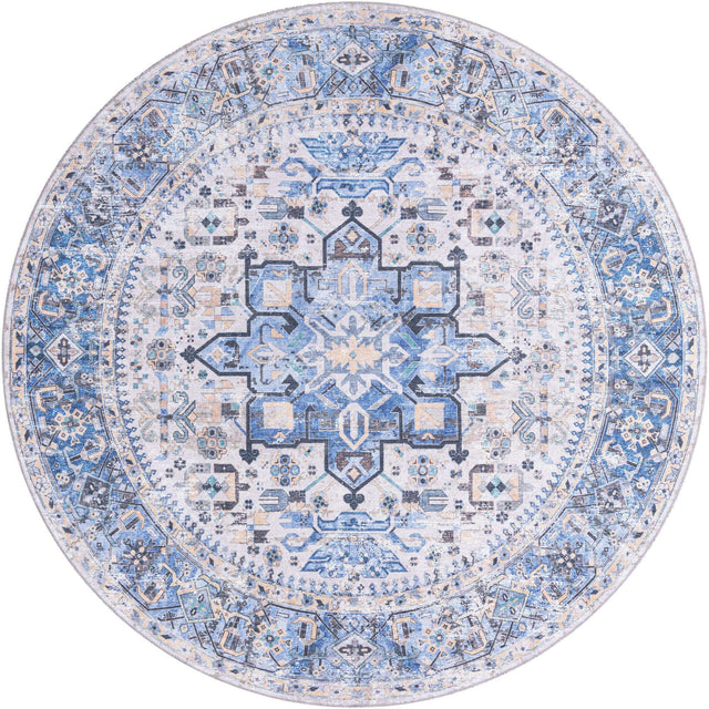 Washable Royal Blue 7' 10 x 7' 10 Yara Round Area Rug Easy to Clean Stain Resistant & Durable Polyester & Chenille Carpet for Sale at Rug Engine