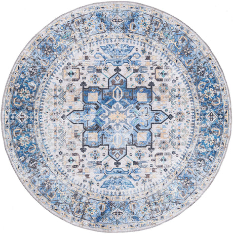 Washable Royal Blue 6' x 6' Yara Round Area Rug Easy to Clean Stain Resistant & Durable Polyester & Chenille Carpet for Sale at Rug Engine