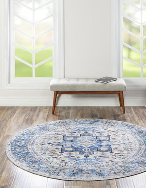 Washable Royal Blue 4' x 4' Yara Round Area Rug Easy to Clean Stain Resistant & Durable Polyester & Chenille Carpet for Sale at Rug Engine