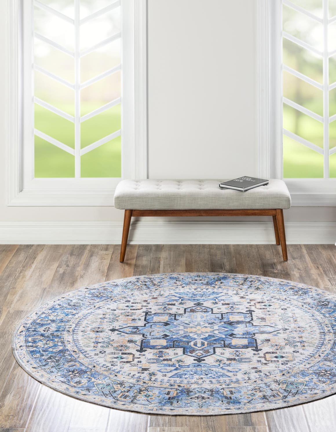 Washable Royal Blue 6' x 6' Yara Round Area Rug Easy to Clean Stain Resistant & Durable Polyester & Chenille Carpet for Sale at Rug Engine