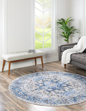 Washable Royal Blue 7' 10 x 7' 10 Yara Round Area Rug Easy to Clean Stain Resistant & Durable Polyester & Chenille Carpet for Sale at Rug Engine