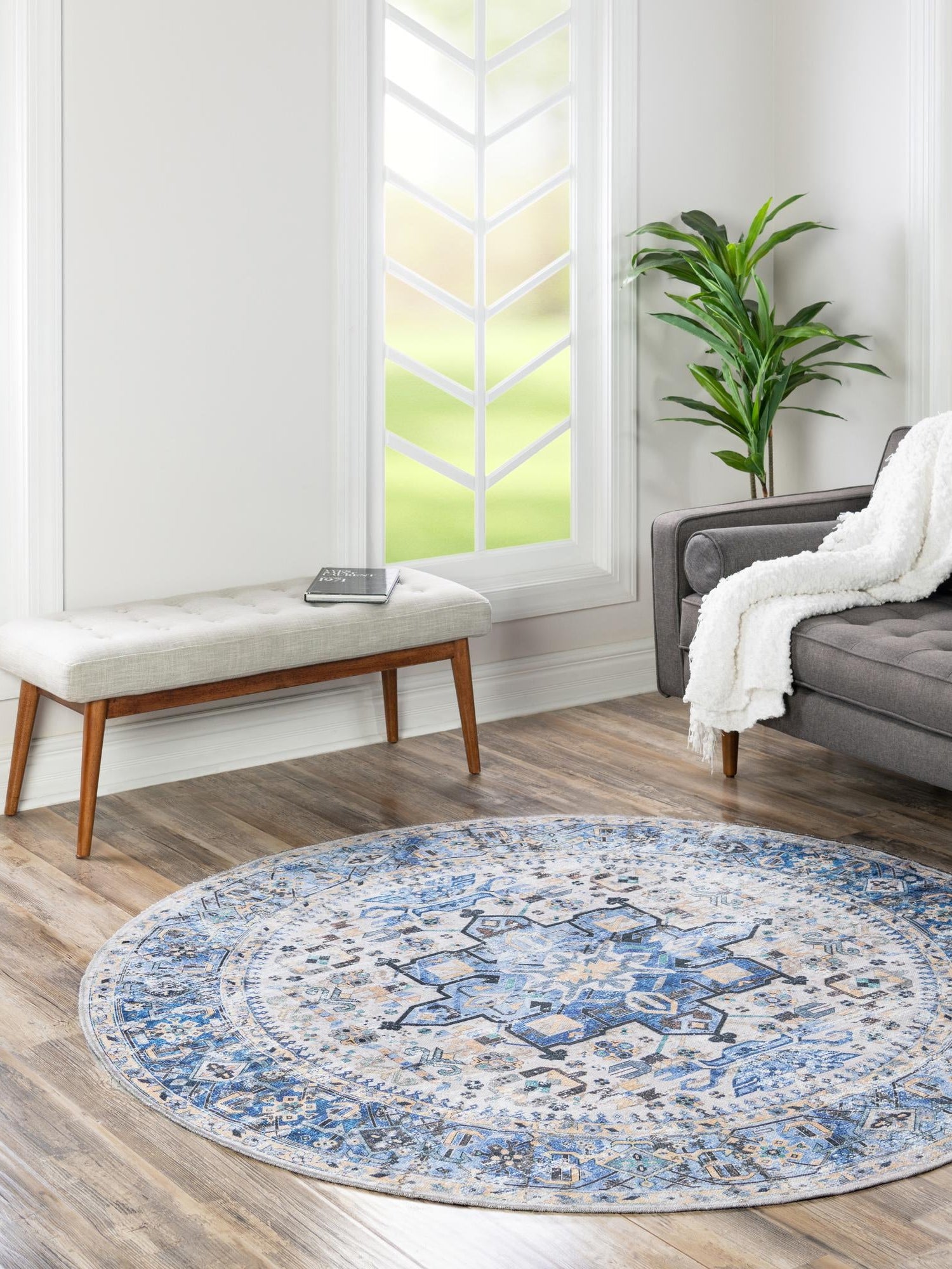 Washable Royal Blue 6' x 6' Yara Round Area Rug Easy to Clean Stain Resistant & Durable Polyester & Chenille Carpet for Sale at Rug Engine