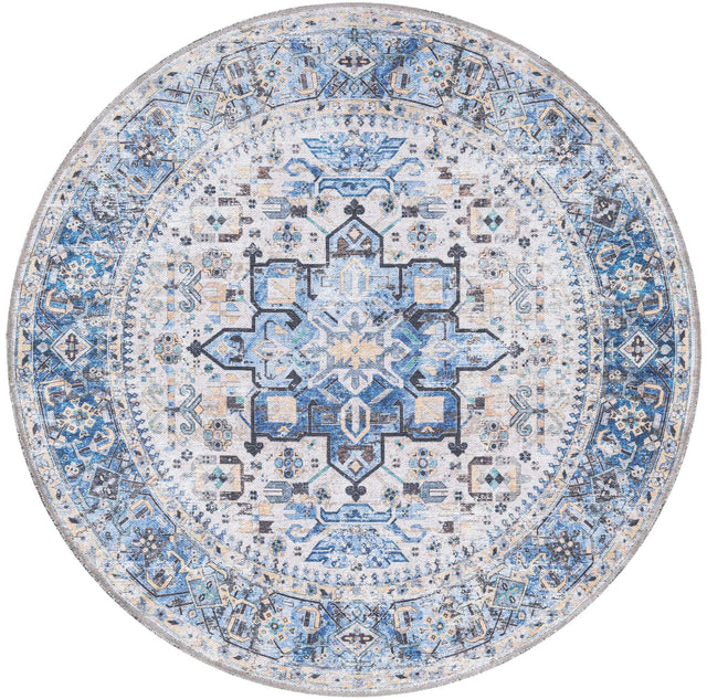 Washable Royal Blue 4' x 4' Yara Round Area Rug Easy to Clean Stain Resistant & Durable Polyester & Chenille Carpet for Sale at Rug Engine