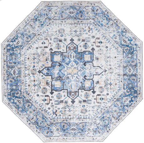 Washable Royal Blue 7' 10 x 7' 10 Yara Octagon Area Rug Easy to Clean Stain Resistant & Durable Polyester & Chenille Carpet for Sale at Rug Engine