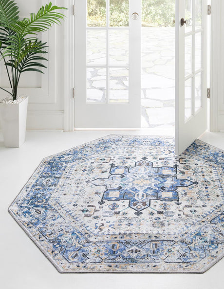 Washable Royal Blue 7' 10 x 7' 10 Yara Octagon Area Rug Easy to Clean Stain Resistant & Durable Polyester & Chenille Carpet for Sale at Rug Engine