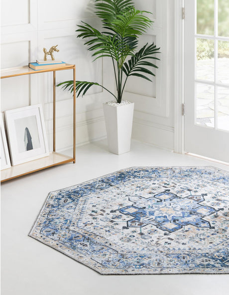 Washable Royal Blue 5' x 5' Yara Octagon Area Rug Easy to Clean Stain Resistant & Durable Polyester & Chenille Carpet for Sale at Rug Engine