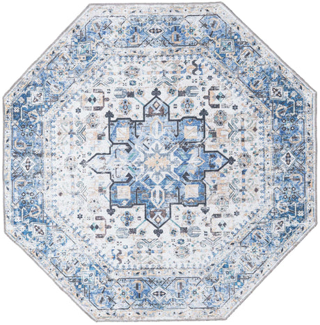 Washable Royal Blue 5' x 5' Yara Octagon Area Rug Easy to Clean Stain Resistant & Durable Polyester & Chenille Carpet for Sale at Rug Engine