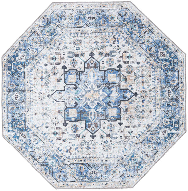 Washable Royal Blue 5' x 5' Yara Octagon Area Rug Easy to Clean Stain Resistant & Durable Polyester & Chenille Carpet for Sale at Rug Engine