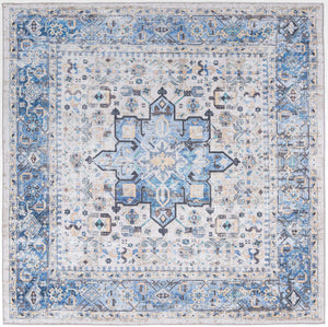 Washable Royal Blue 7' 10 x 7' 10 Yara Square Area Rug Easy to Clean Stain Resistant & Durable Polyester & Chenille Carpet for Sale at Rug Engine