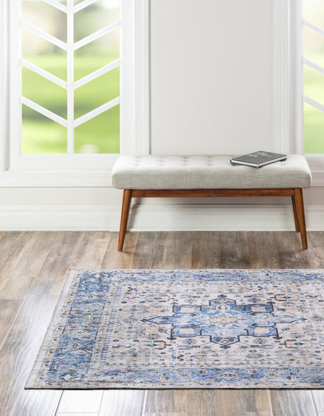 Washable Royal Blue 5' x 5' Yara Square Area Rug Easy to Clean Stain Resistant & Durable Polyester & Chenille Carpet for Sale at Rug Engine