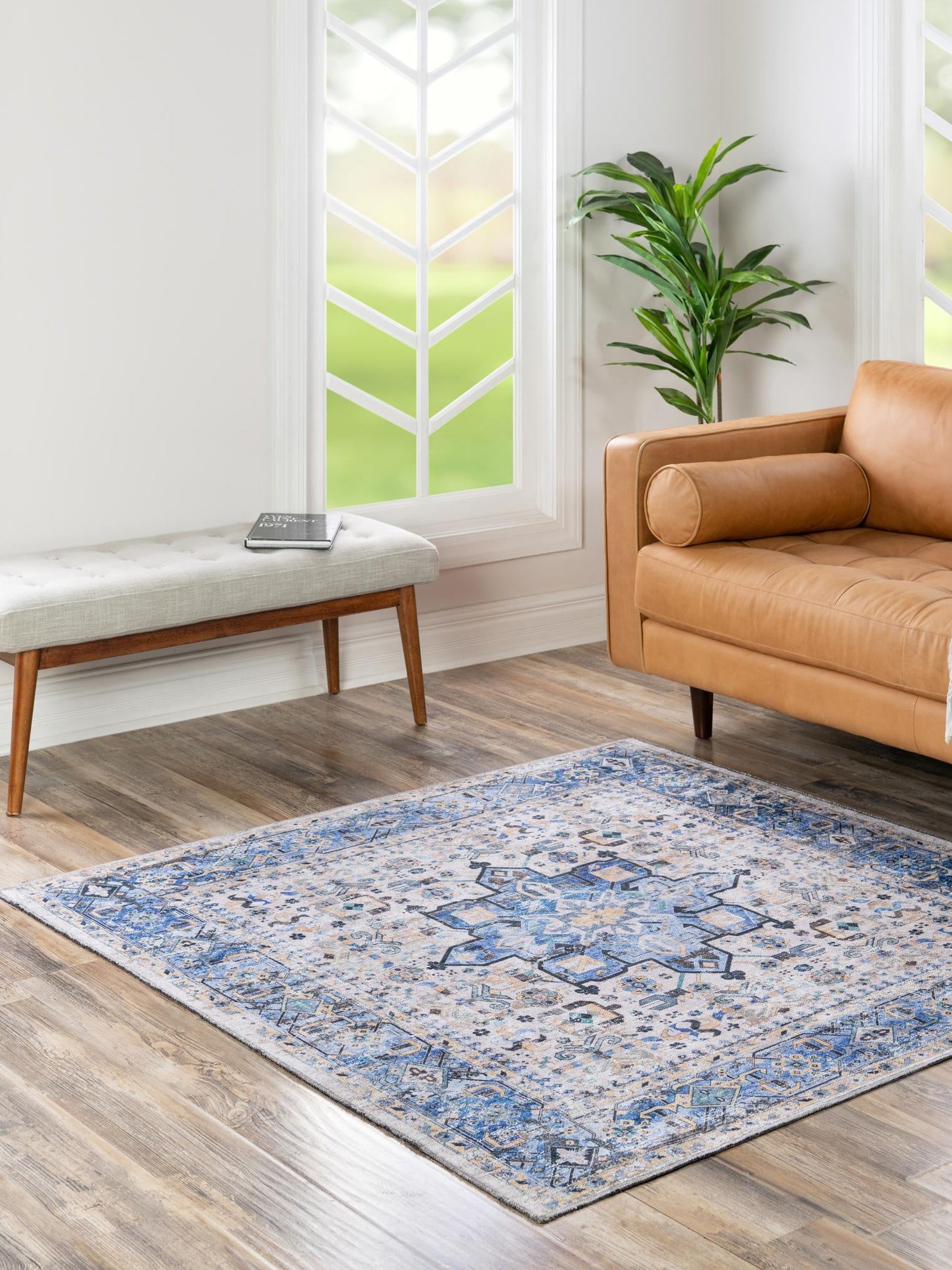 Washable Royal Blue 5' x 5' Yara Square Area Rug Easy to Clean Stain Resistant & Durable Polyester & Chenille Carpet for Sale at Rug Engine