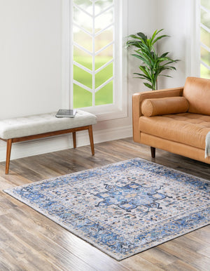 Washable Royal Blue 5' x 5' Yara Square Area Rug Easy to Clean Stain Resistant & Durable Polyester & Chenille Carpet for Sale at Rug Engine