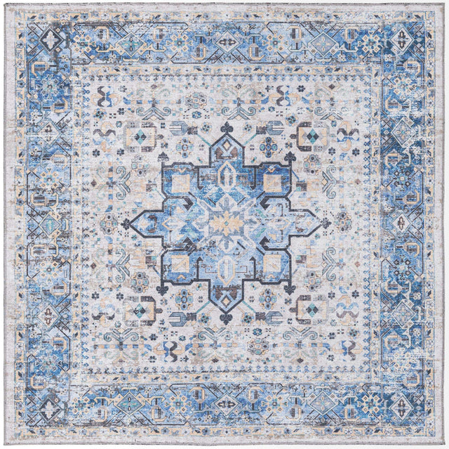 Washable Royal Blue 5' x 5' Yara Square Area Rug Easy to Clean Stain Resistant & Durable Polyester & Chenille Carpet for Sale at Rug Engine