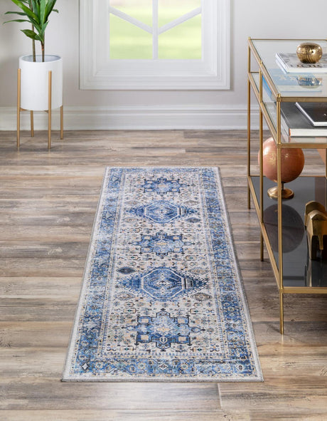 Washable Royal Blue 2' x 6' Yara Runner Area Rug Easy to Clean Stain Resistant & Durable Polyester & Chenille Carpet for Sale at Rug Engine