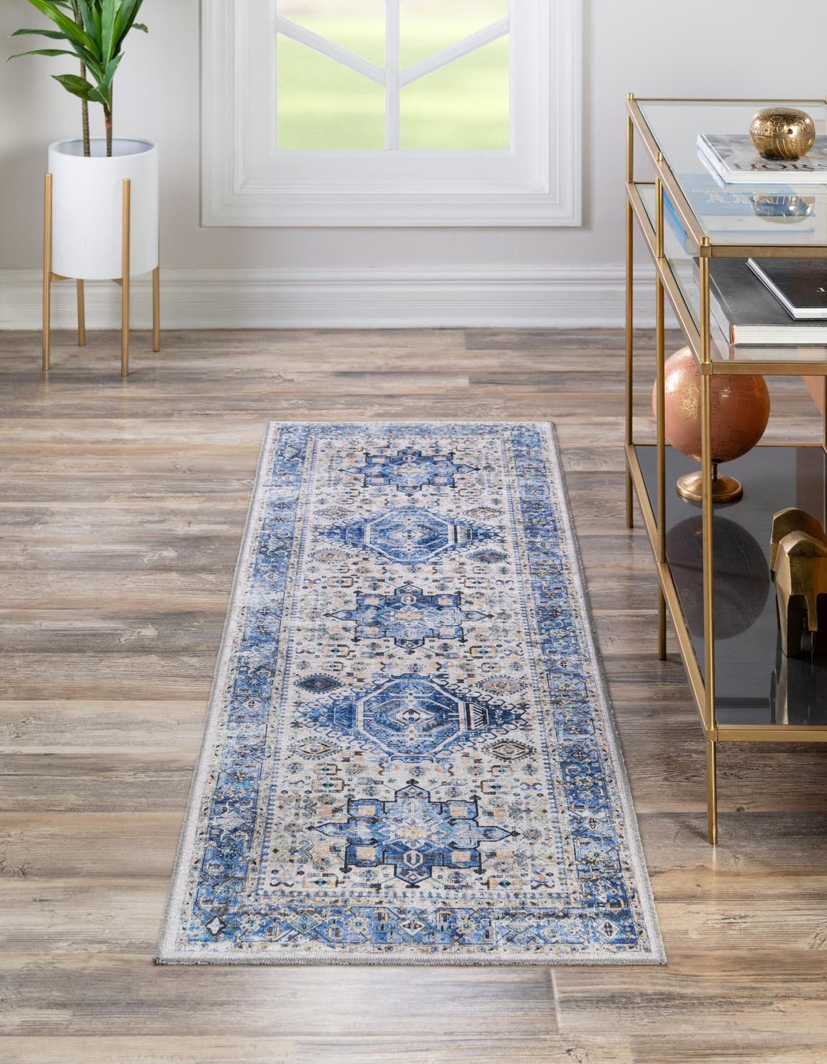 Washable Royal Blue 2' 7 x 10' Yara Runner Area Rug Easy to Clean Stain Resistant & Durable Polyester & Chenille Carpet for Sale at Rug Engine