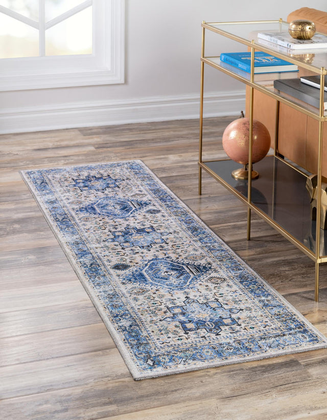 Washable Royal Blue 2' x 8' Yara Runner Area Rug Easy to Clean Stain Resistant & Durable Polyester & Chenille Carpet for Sale at Rug Engine
