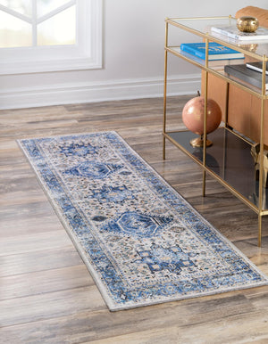 Washable Royal Blue 2' 7 x 10' Yara Runner Area Rug Easy to Clean Stain Resistant & Durable Polyester & Chenille Carpet for Sale at Rug Engine