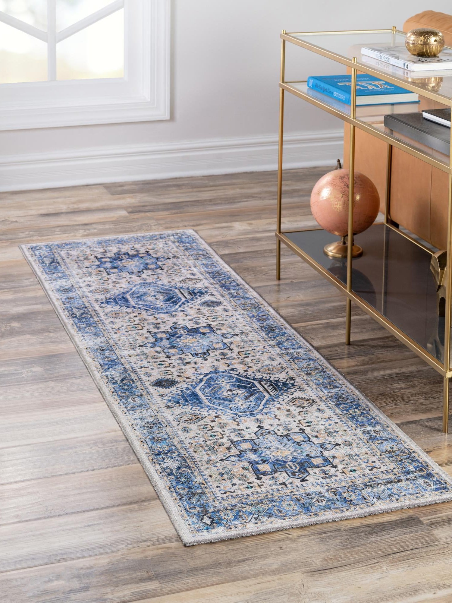Washable Royal Blue 2' x 6' Yara Runner Area Rug Easy to Clean Stain Resistant & Durable Polyester & Chenille Carpet for Sale at Rug Engine