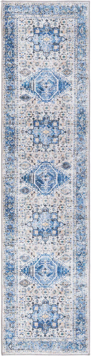 Washable Royal Blue 2' x 8' Yara Runner Area Rug Easy to Clean Stain Resistant & Durable Polyester & Chenille Carpet for Sale at Rug Engine
