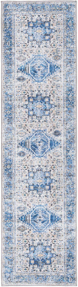 Washable Royal Blue 2' 7 x 10' Yara Runner Area Rug Easy to Clean Stain Resistant & Durable Polyester & Chenille Carpet for Sale at Rug Engine