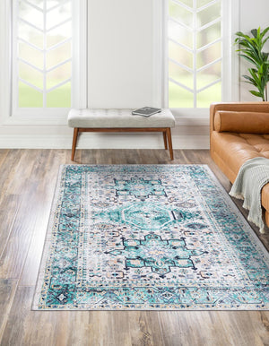 Washable Aqua Green 2' x 3' Yara Rectangle Area Rug Easy to Clean Stain Resistant & Durable Polyester & Chenille Carpet for Sale at Rug Engine