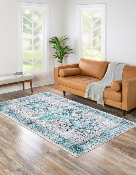 Washable Aqua Green 2' x 3' Yara Rectangle Area Rug Easy to Clean Stain Resistant & Durable Polyester & Chenille Carpet for Sale at Rug Engine
