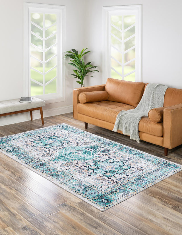 Washable Aqua Green 2' x 3' Yara Rectangle Area Rug Easy to Clean Stain Resistant & Durable Polyester & Chenille Carpet for Sale at Rug Engine