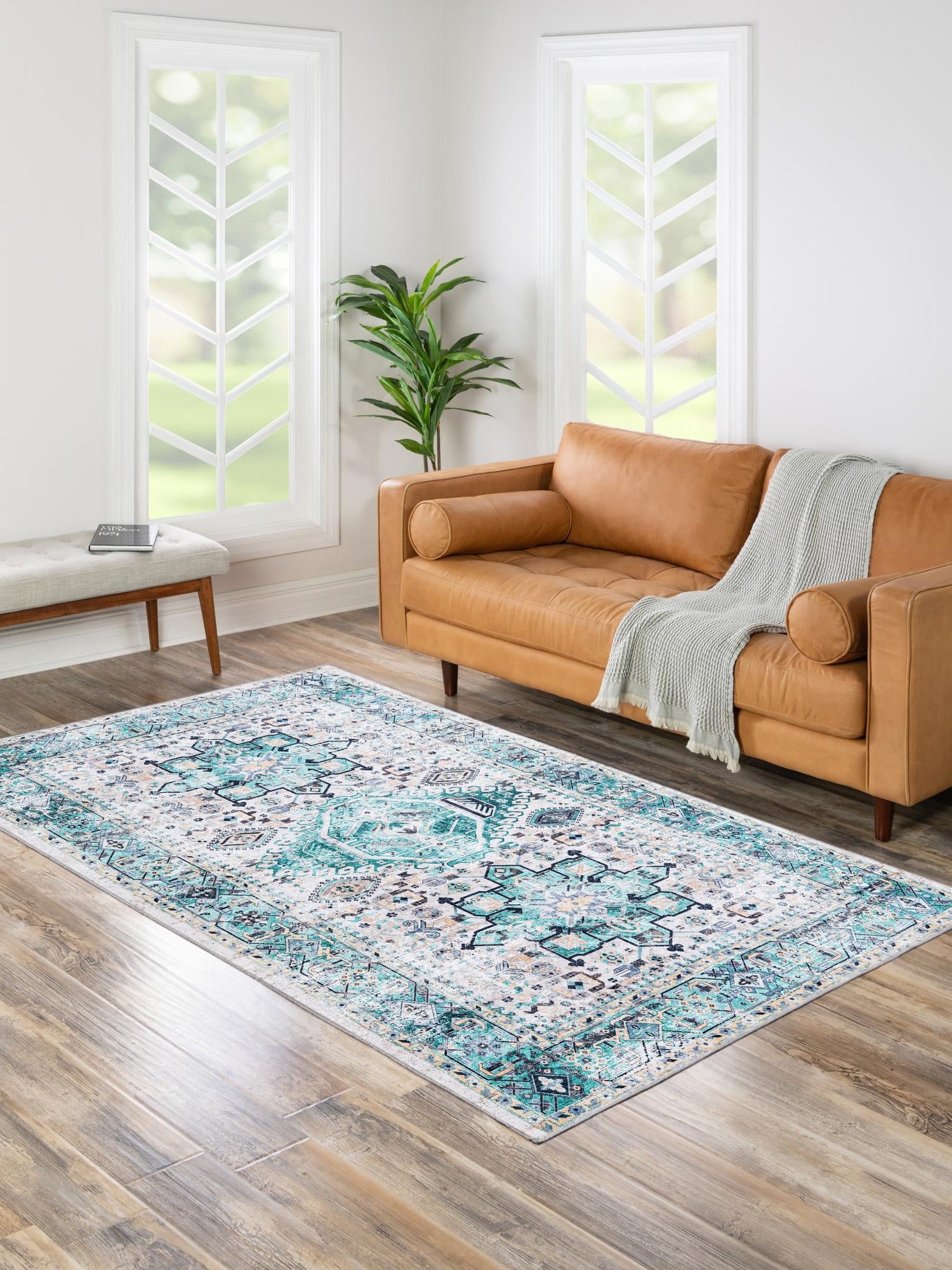Washable Aqua Green 5' x 8' Yara Rectangle Area Rug Easy to Clean Stain Resistant & Durable Polyester & Chenille Carpet for Sale at Rug Engine
