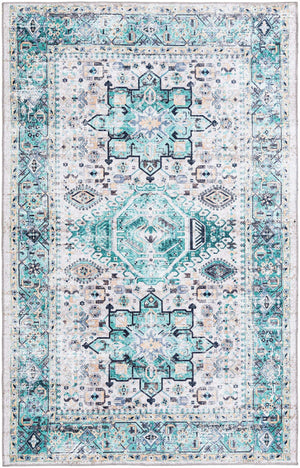 Washable Aqua Green 5' x 8' Yara Rectangle Area Rug Easy to Clean Stain Resistant & Durable Polyester & Chenille Carpet for Sale at Rug Engine