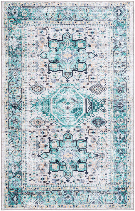 Washable Aqua Green 5' x 8' Yara Rectangle Area Rug Easy to Clean Stain Resistant & Durable Polyester & Chenille Carpet for Sale at Rug Engine