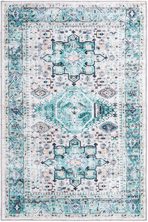Washable Aqua Green 4' x 6' Yara Rectangle Area Rug Easy to Clean Stain Resistant & Durable Polyester & Chenille Carpet for Sale at Rug Engine