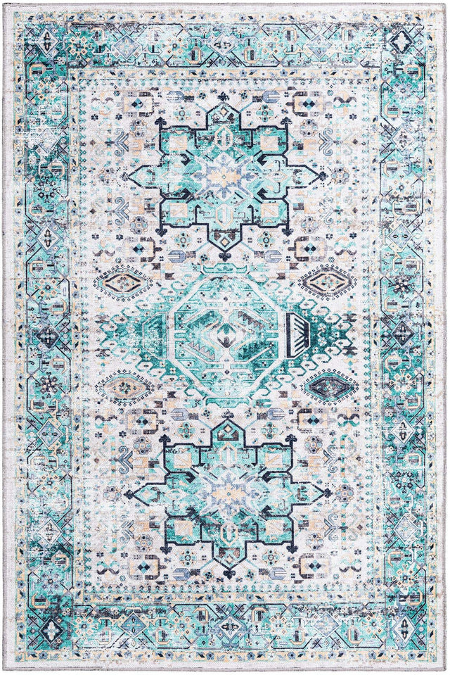 Washable Aqua Green 4' x 6' Yara Rectangle Area Rug Easy to Clean Stain Resistant & Durable Polyester & Chenille Carpet for Sale at Rug Engine