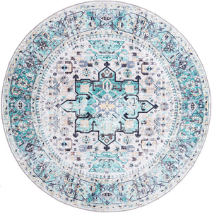 Washable Aqua Green 7' 10 x 7' 10 Yara Round Area Rug Easy to Clean Stain Resistant & Durable Polyester & Chenille Carpet for Sale at Rug Engine