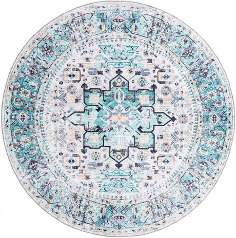 Washable Aqua Green 7' 10 x 7' 10 Yara Round Area Rug Easy to Clean Stain Resistant & Durable Polyester & Chenille Carpet for Sale at Rug Engine
