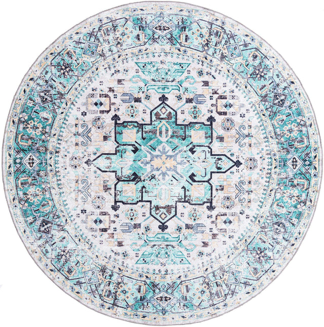 Washable Aqua Green 7' 10 x 7' 10 Yara Round Area Rug Easy to Clean Stain Resistant & Durable Polyester & Chenille Carpet for Sale at Rug Engine