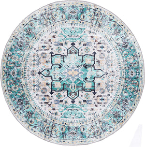 Washable Aqua Green 6' x 6' Yara Round Area Rug Easy to Clean Stain Resistant & Durable Polyester & Chenille Carpet for Sale at Rug Engine
