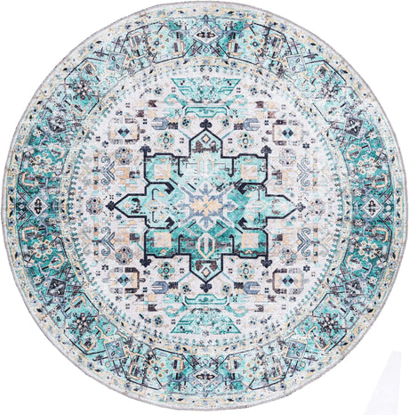 Washable Aqua Green 6' x 6' Yara Round Area Rug Easy to Clean Stain Resistant & Durable Polyester & Chenille Carpet for Sale at Rug Engine