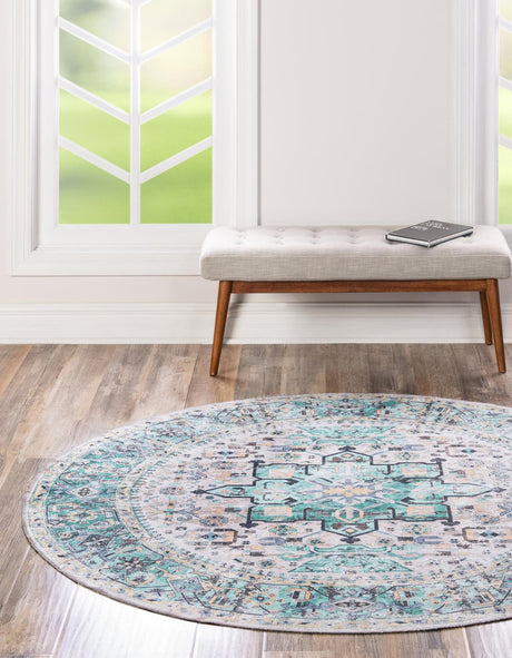 Washable Aqua Green 4' x 4' Yara Round Area Rug Easy to Clean Stain Resistant & Durable Polyester & Chenille Carpet for Sale at Rug Engine