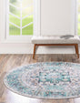 Washable Aqua Green 4' x 4' Yara Round Area Rug Easy to Clean Stain Resistant & Durable Polyester & Chenille Carpet for Sale at Rug Engine
