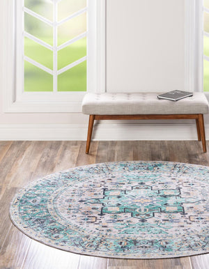 Washable Aqua Green 6' x 6' Yara Round Area Rug Easy to Clean Stain Resistant & Durable Polyester & Chenille Carpet for Sale at Rug Engine