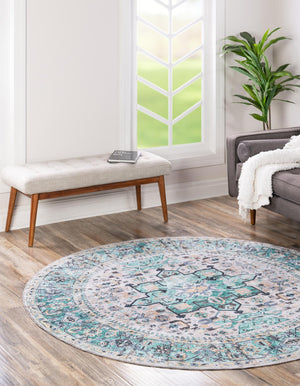 Washable Aqua Green 7' 10 x 7' 10 Yara Round Area Rug Easy to Clean Stain Resistant & Durable Polyester & Chenille Carpet for Sale at Rug Engine