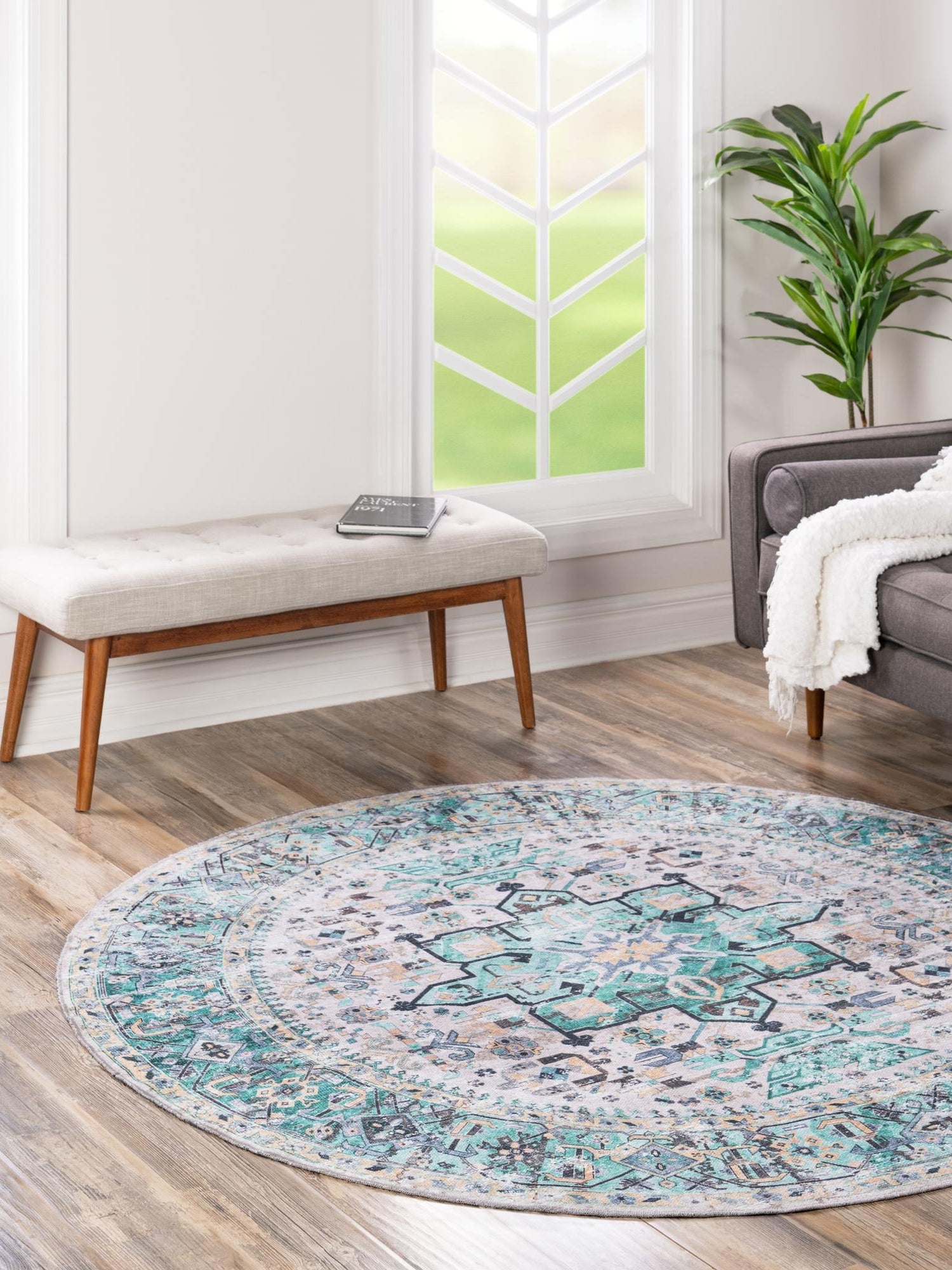 Washable Aqua Green 4' x 4' Yara Round Area Rug Easy to Clean Stain Resistant & Durable Polyester & Chenille Carpet for Sale at Rug Engine