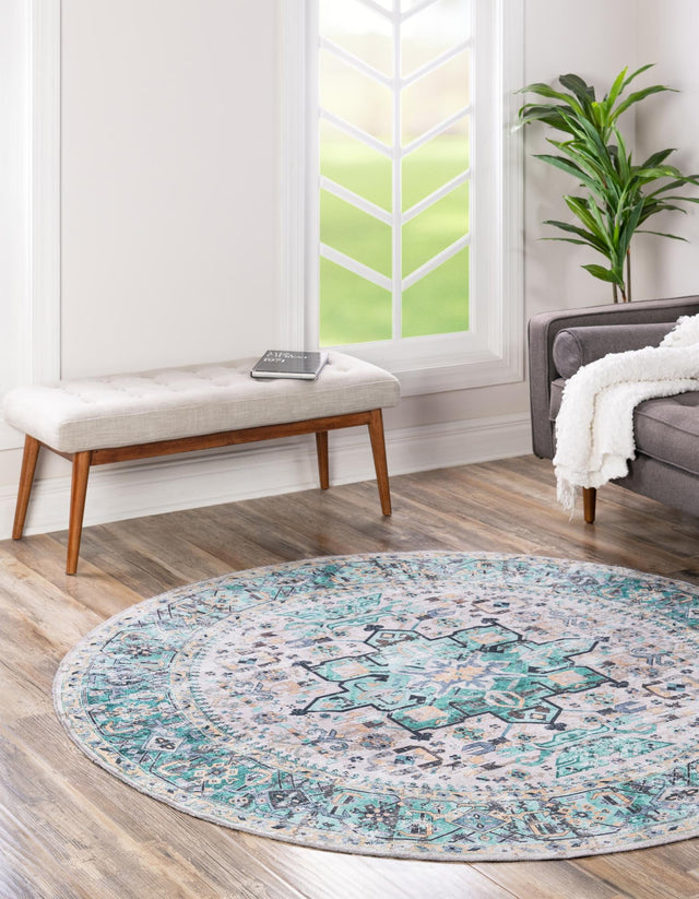 Washable Aqua Green 4' x 4' Yara Round Area Rug Easy to Clean Stain Resistant & Durable Polyester & Chenille Carpet for Sale at Rug Engine