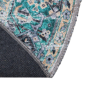 Washable Aqua Green 4' x 4' Yara Round Area Rug Easy to Clean Stain Resistant & Durable Polyester & Chenille Carpet for Sale at Rug Engine