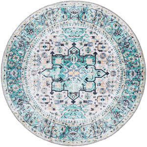 Washable Aqua Green 4' x 4' Yara Round Area Rug Easy to Clean Stain Resistant & Durable Polyester & Chenille Carpet for Sale at Rug Engine